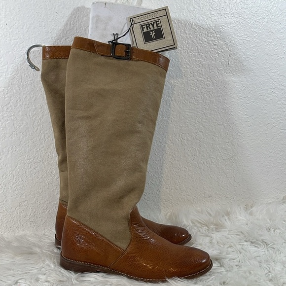 Frye Shoes - Frye Paige Buckle Canvas Leather Tall Riding Brown Tan Western Boots 8.5 NEW